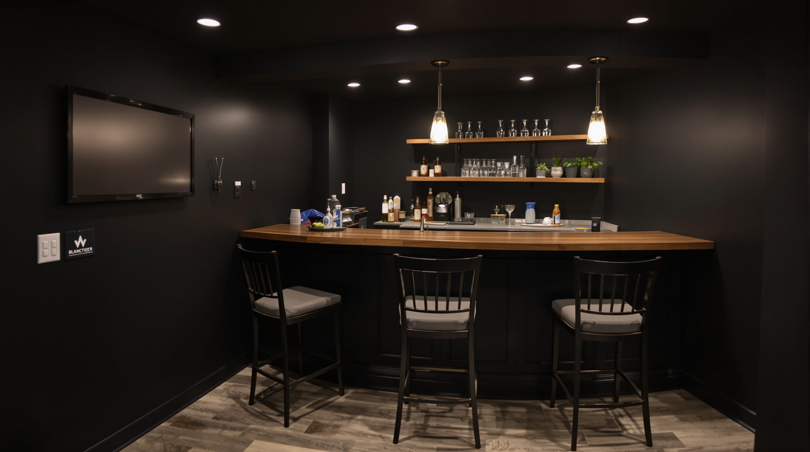 Finished basement with home theater setup